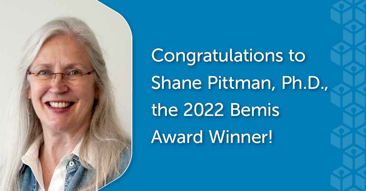 Shane Pitman headshot photo on blue background with caption: Congratulation to Shane Pittman, Ph.d. the 2022 Bemis Award Winner!