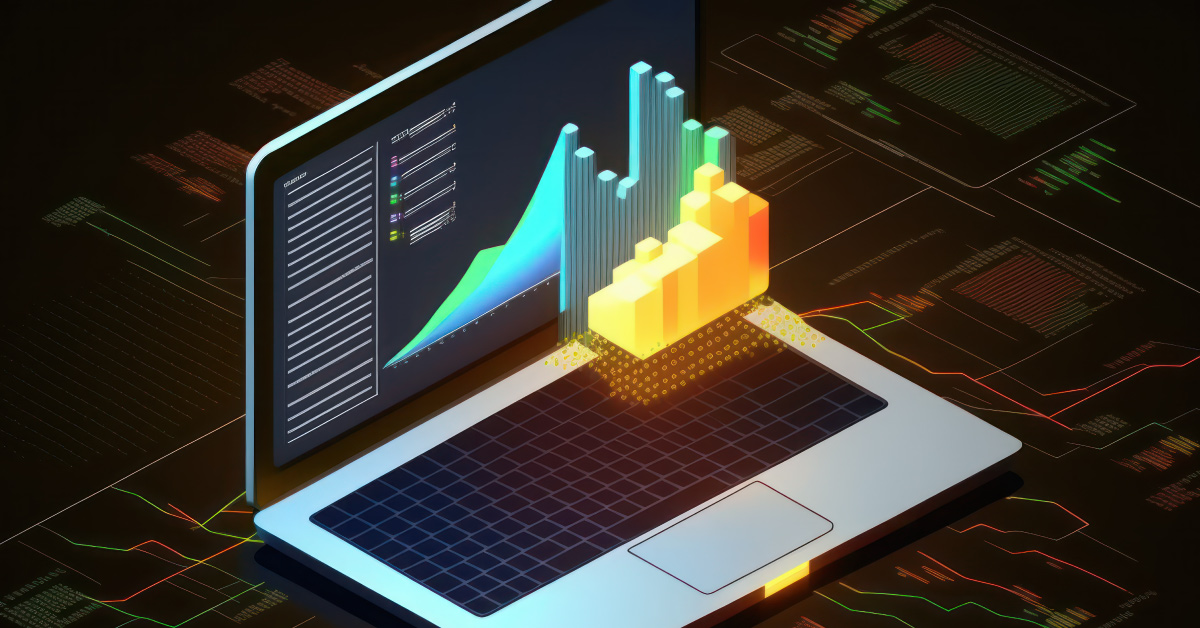 Laptop with various 3d chart graphics floating in front of the screen