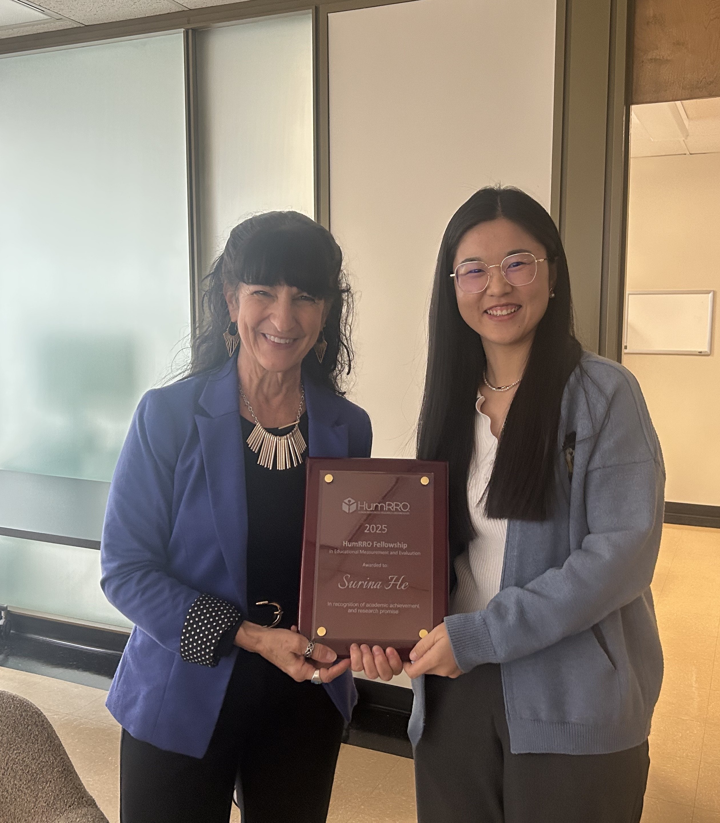 CEO Dr. Suzanne Tsacoumis presented Surina He with the HumRRO Fellowship in Educational Measurement and Evaluation.